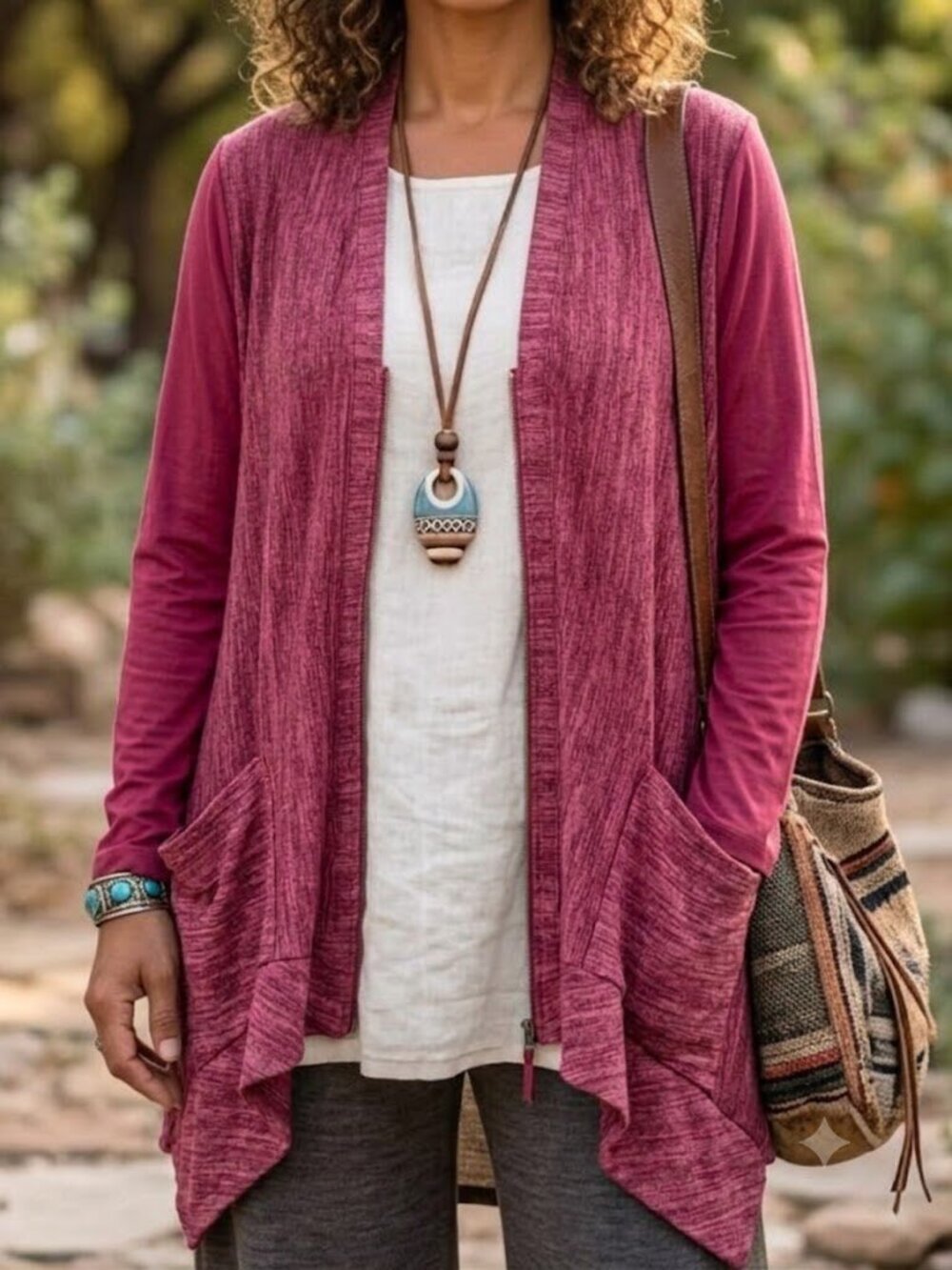 Bohemian Lagenlook Handkerchief Hem Zip Maroon Sweater Cardigan Size XL